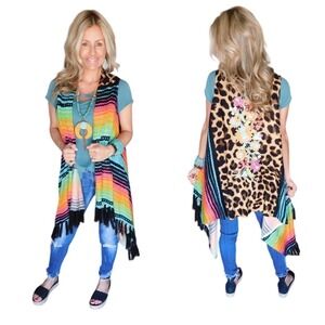 Crazy Train Womens Leopard Striped Floral Embroidered Fringe Knit Vest Regular